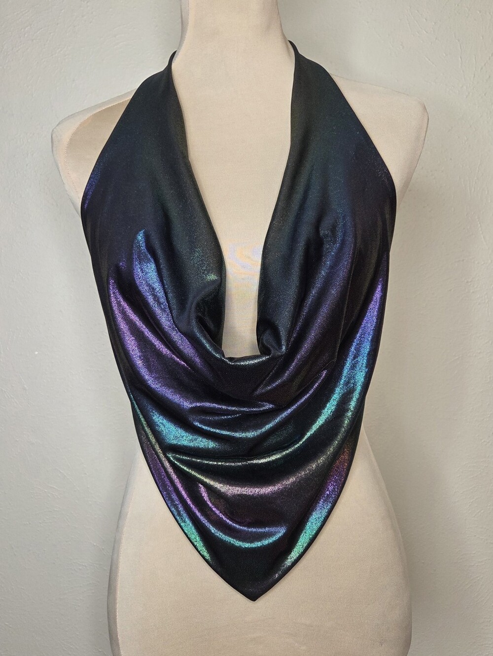 Y2K Iridescent Holographic Halter Top Cowl Neck Open Back Rave Club Kid Small